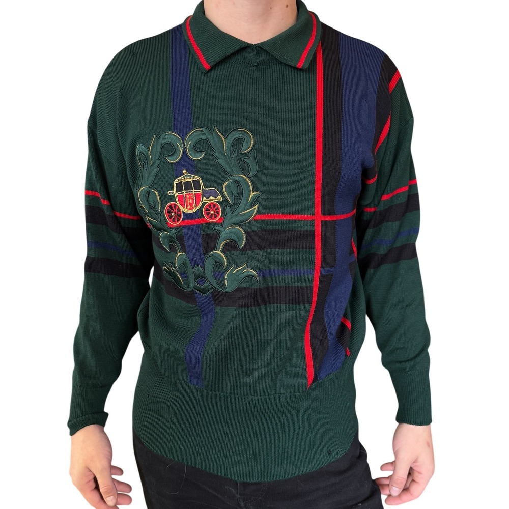 Escada Margaretha Ley Green Plaid Carriage Embroidered Collared Sweater Women